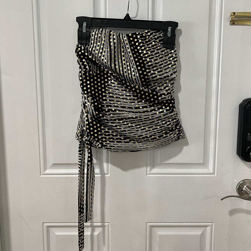 Express metallic gold polka dot with stripe tube strapless top